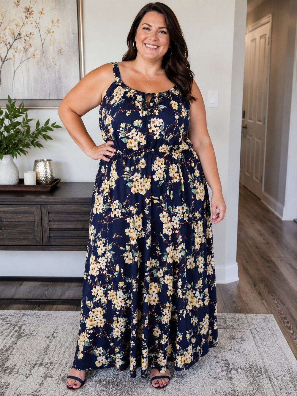 Roaman's Women's 38W Navy Blue Floral Maxi Dress Plus Size Sleeveless Ruffle